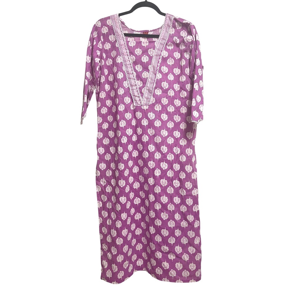 A.E. Floral Block Print Kurta Tunic Purple Dress Boho Lace Trim XXL